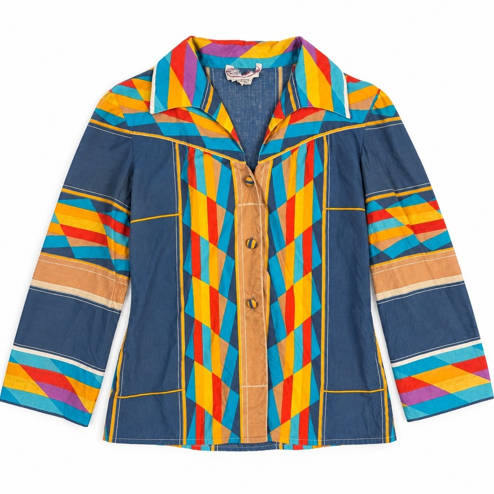 Vtg 70s Southwestern Shirt Geometric Harlequin Cotton Blouse Blue Orange Mod